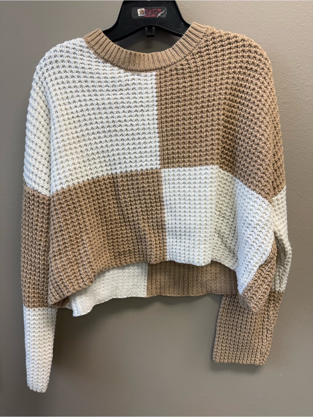 Jessica Simpson Cream and Tan Colorblock Waffle Knit Sweater
